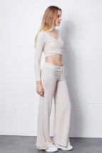 Uzun Kollu Crop Bluz & Plazzo Geniş Paça Pantolon Takım