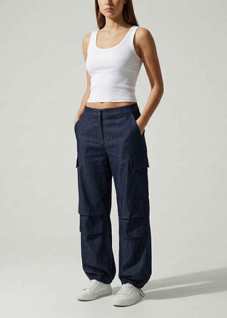 Düşük Bel Paçası Ayarlanabilir Denim Kargo Pantolon