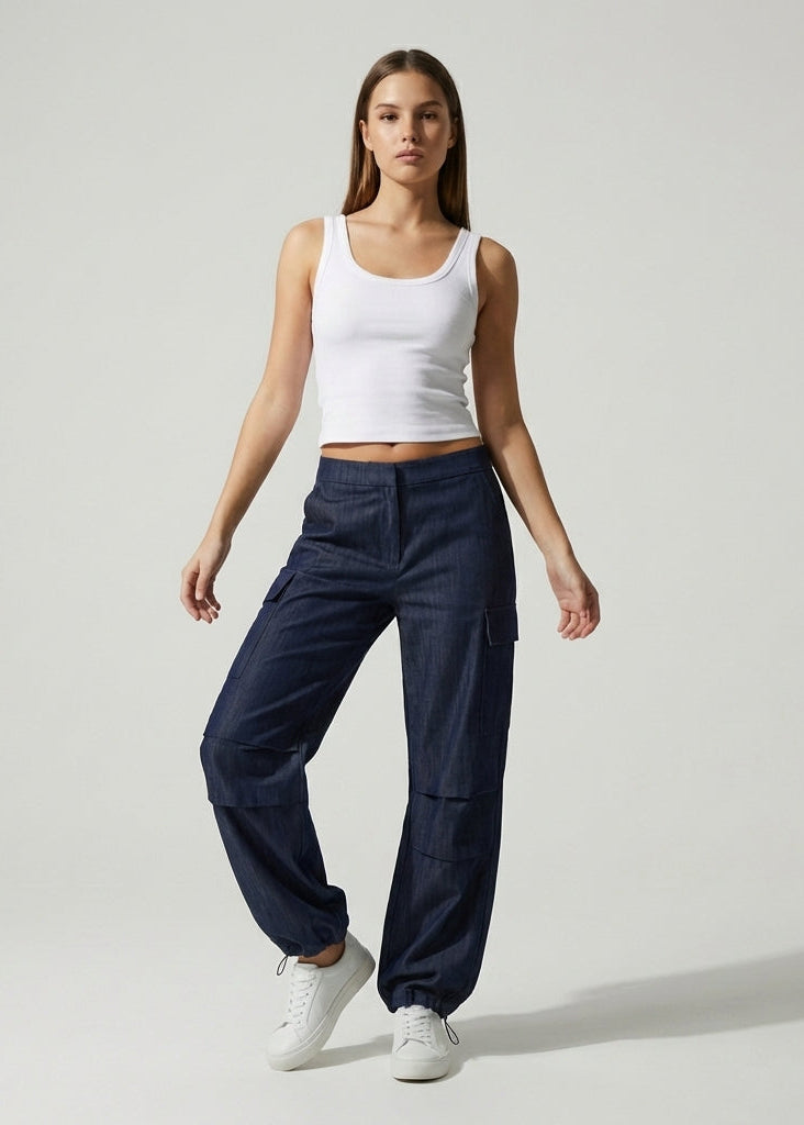 Düşük Bel Paçası Ayarlanabilir Denim Kargo Pantolon