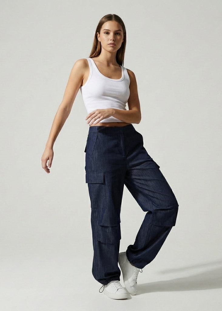 Düşük Bel Paçası Ayarlanabilir Denim Kargo Pantolon