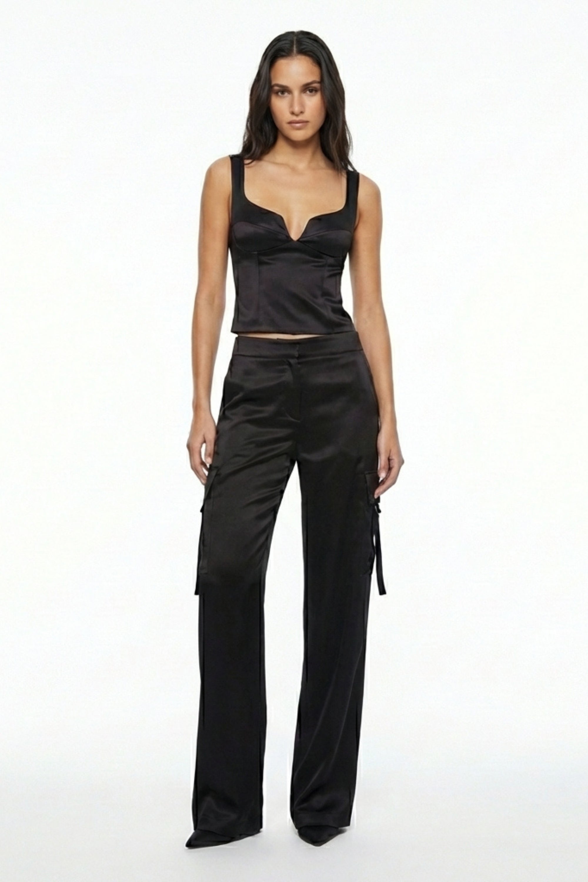 Geniş Paça Saten Kargo Pantolon - Siyah