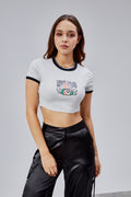Baskılı Kısa Kollu Crop T-Shirt - Gri