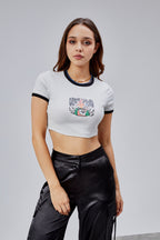 Baskılı Kısa Kollu Crop T-Shirt - Gri