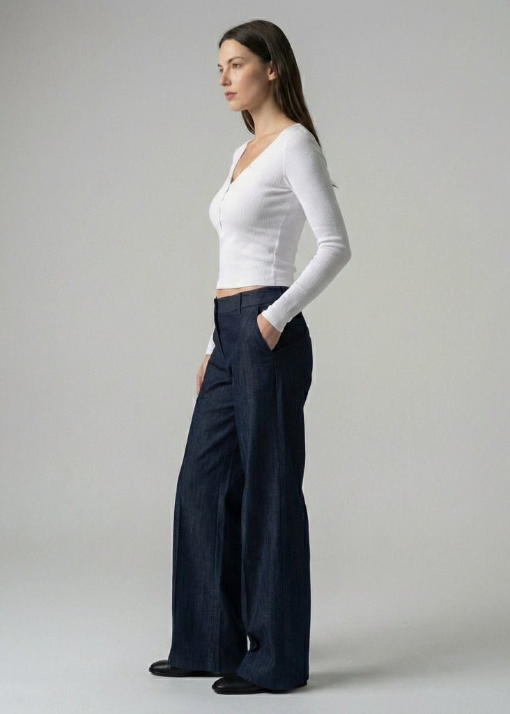 Düşük Bel Palazzo Denim Pantolon