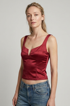 Askılı Saten Crop Büstiyer - Bordo