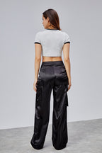 Baskılı Kısa Kollu Crop T-Shirt - Gri