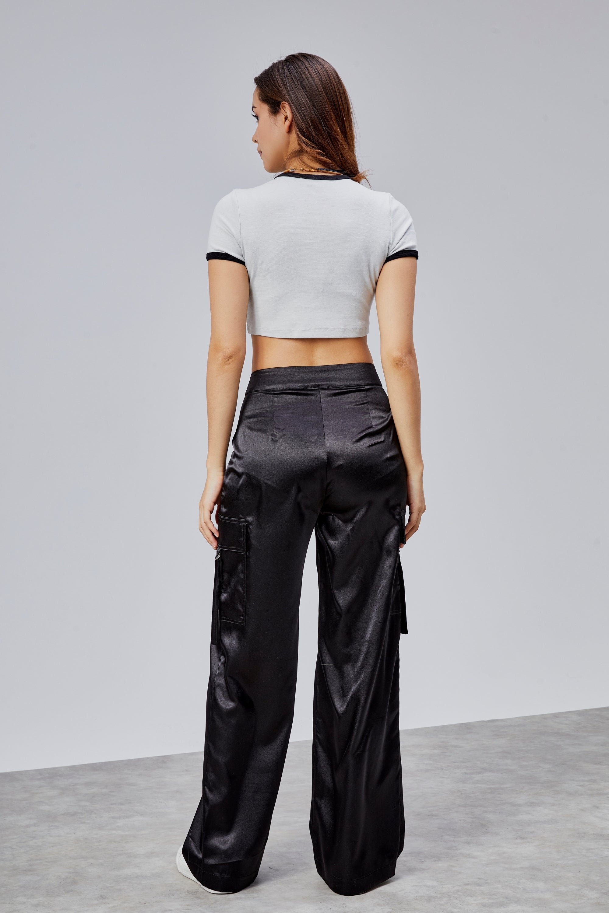 Baskılı Kısa Kollu Crop T-Shirt - Gri