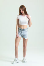 Baskılı Kısa Kollu Crop T-Shirt - Pembe