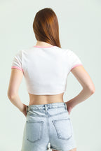 Baskılı Kısa Kollu Crop T-Shirt - Pembe