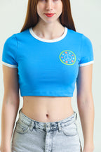 Baskılı Kısa Kollu Crop T-Shirt - Mavi