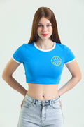Baskılı Kısa Kollu Crop T-Shirt - Mavi
