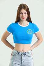 Baskılı Kısa Kollu Crop T-Shirt - Mavi