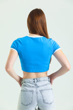 Baskılı Kısa Kollu Crop T-Shirt - Mavi