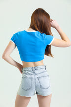 Baskılı Kısa Kollu Crop T-Shirt - Mavi