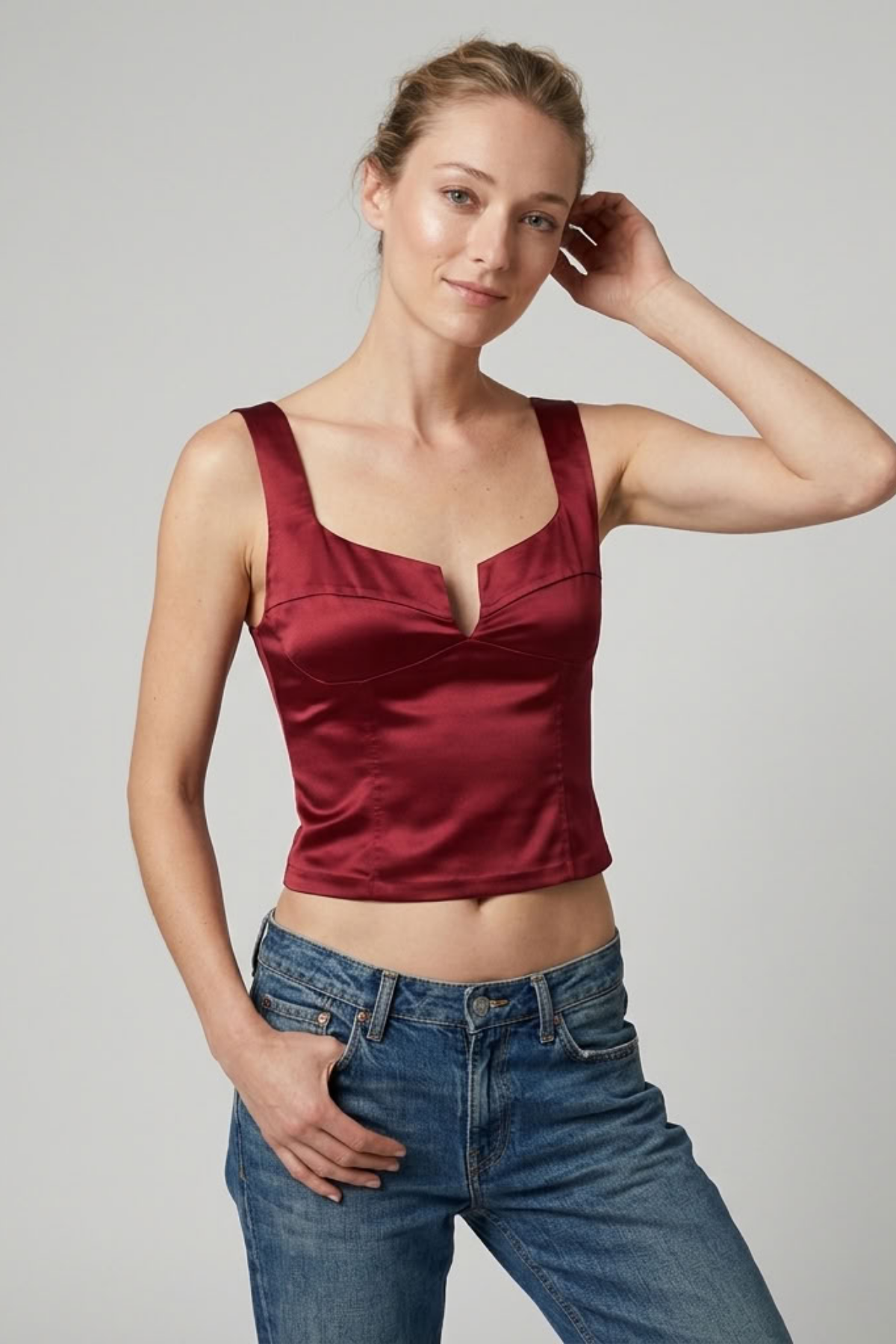 Askılı Saten Crop Büstiyer - Bordo