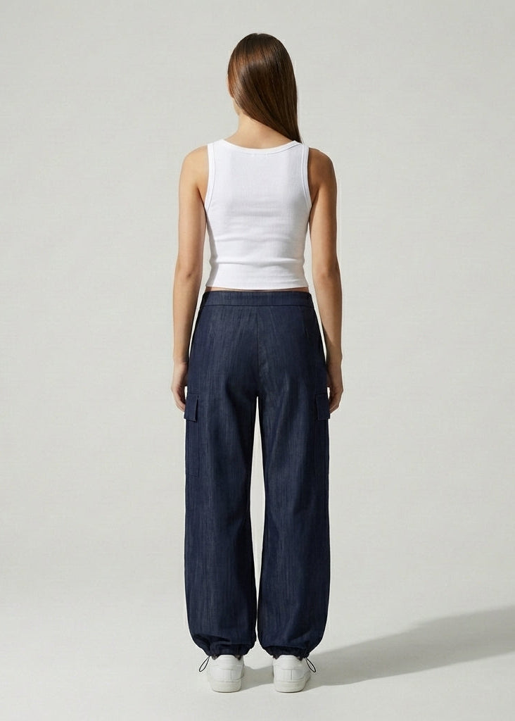 Düşük Bel Paçası Ayarlanabilir Denim Kargo Pantolon