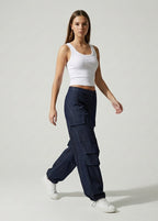 Düşük Bel Paçası Ayarlanabilir Denim Kargo Pantolon