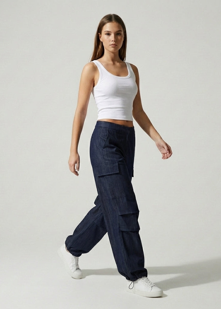 Düşük Bel Paçası Ayarlanabilir Denim Kargo Pantolon