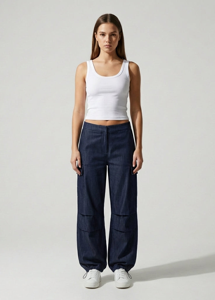 Düşük Bel Paçası Ayarlanabilir Denim Kargo Pantolon