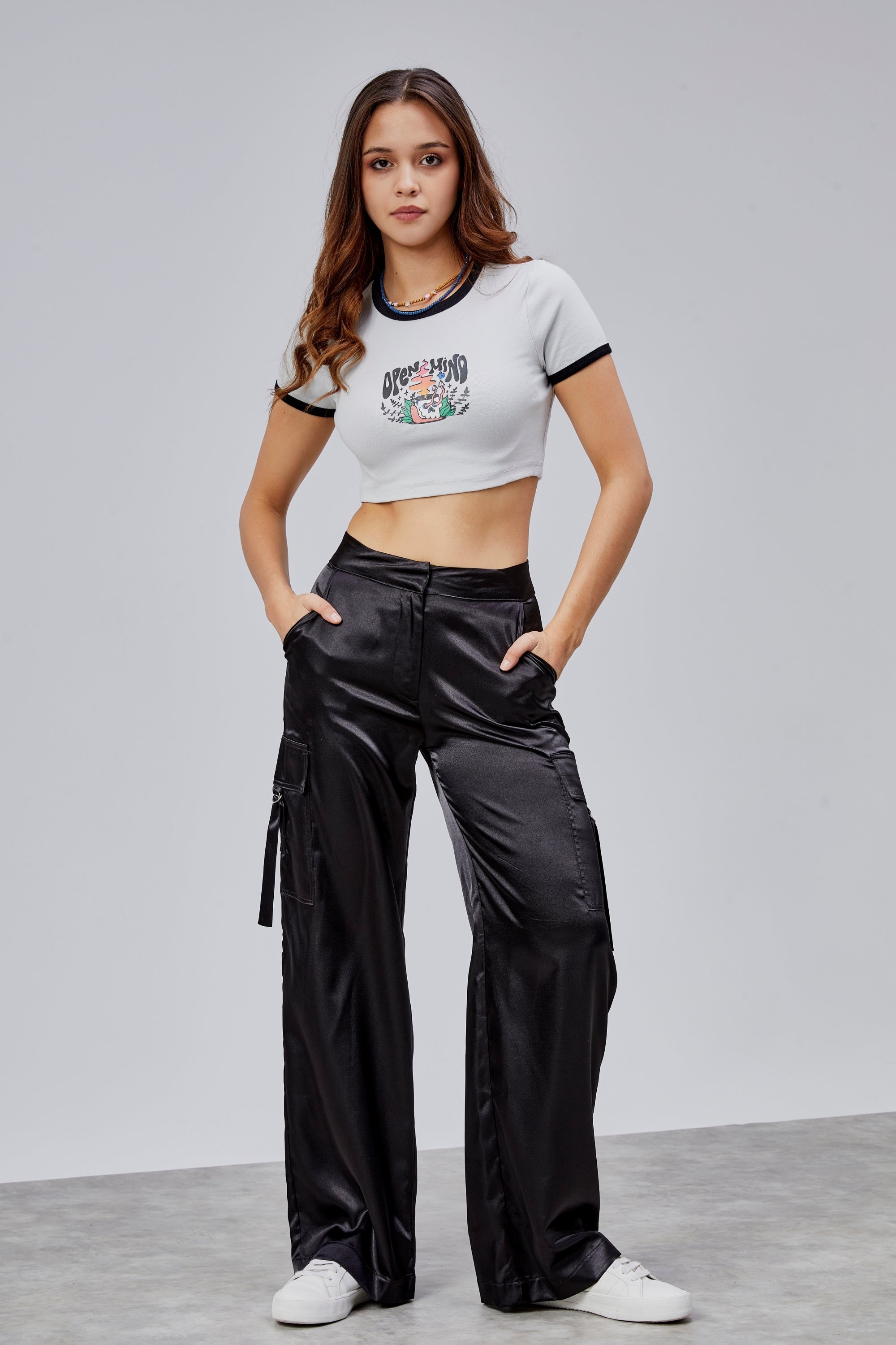 Baskılı Kısa Kollu Crop T-Shirt - Gri