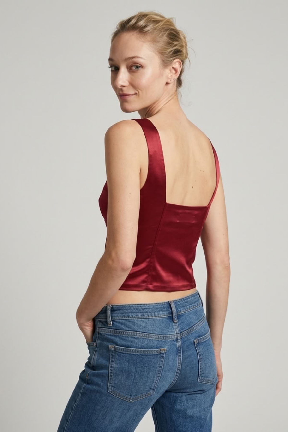 Askılı Saten Crop Büstiyer - Bordo