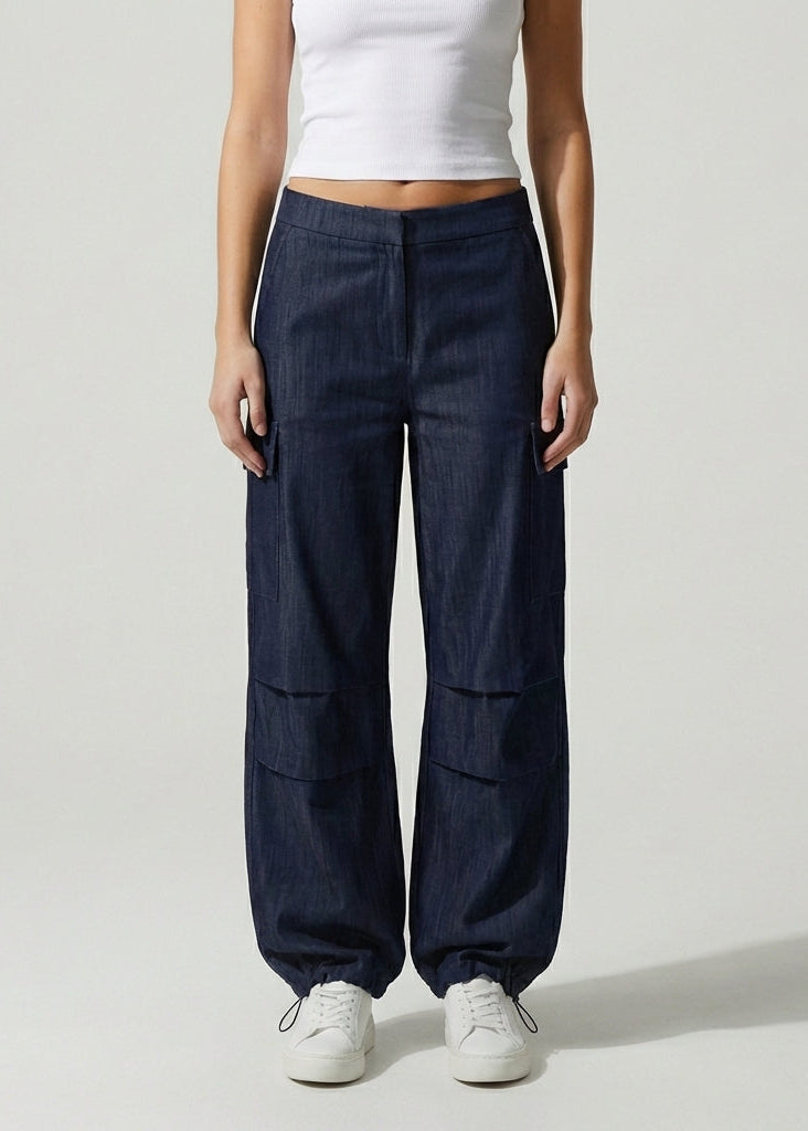 Düşük Bel Paçası Ayarlanabilir Denim Kargo Pantolon