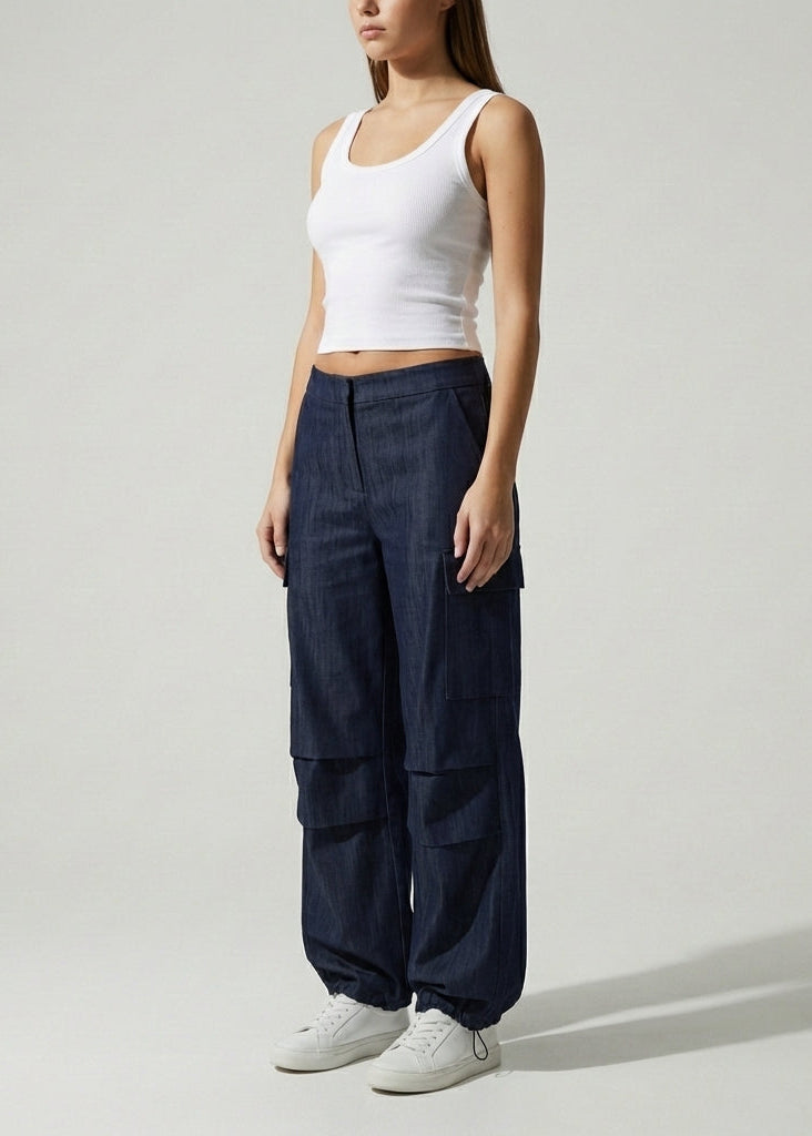 Düşük Bel Paçası Ayarlanabilir Denim Kargo Pantolon