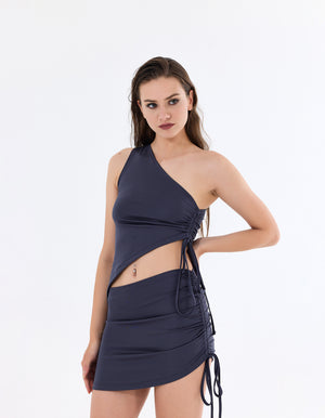 Büzgülü Tek Omuz Bluz & Mini Etek Takım