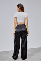 Baskılı Kısa Kollu Crop T-Shirt - Gri - Nineteen Brand