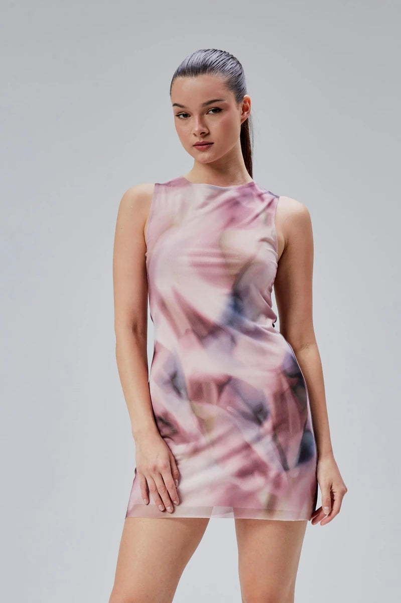 Desenli Tül Mini Elbise - Pembe - Nineteen Brand
