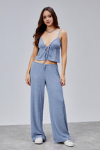 Dokulu İp Askılı Önden Bağlamalı Crop Top Bluz (Krinkle Kumaş) - Nineteen Brand