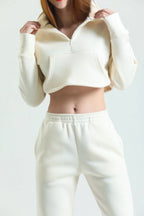 Fermuarlı Crop Sweatshirt - Ekru - Sweatshirt & Hoodie - Nineteen Brand