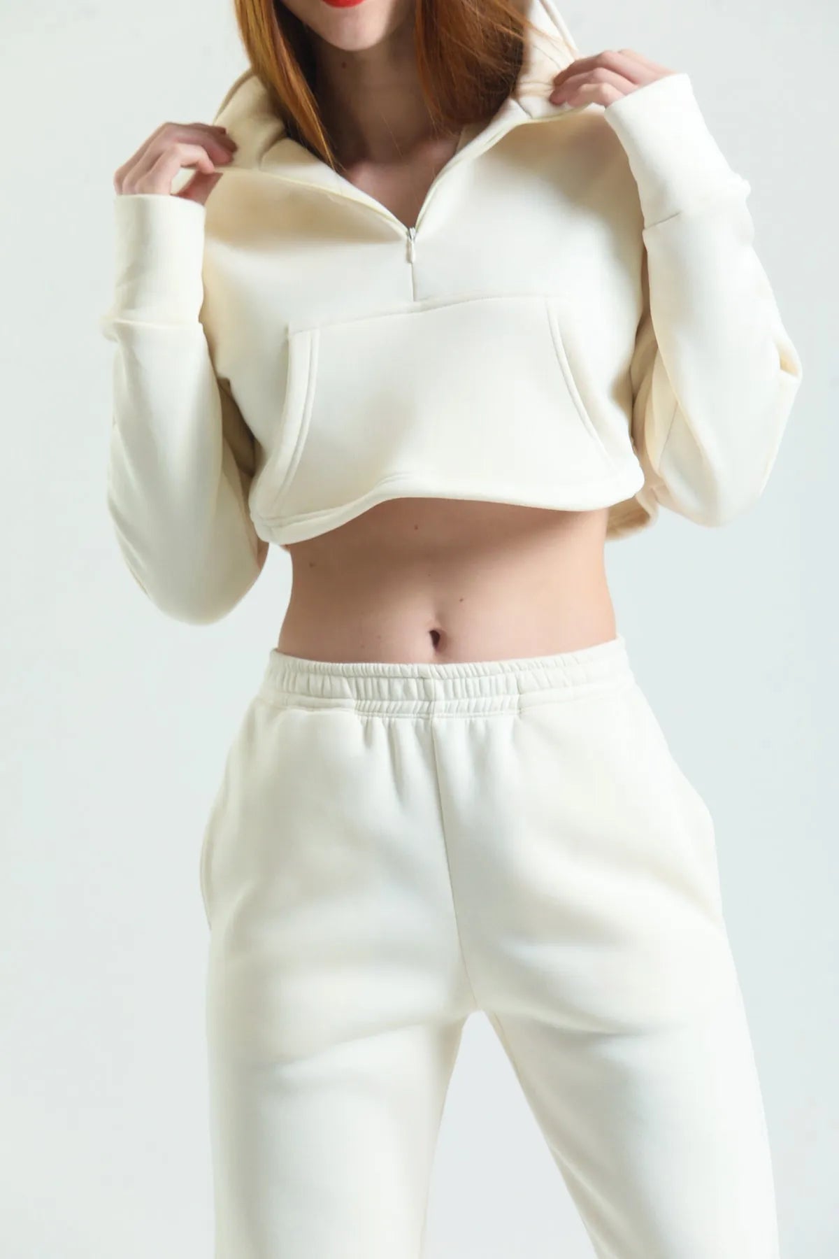Fermuarlı Crop Sweatshirt - Ekru - Sweatshirt & Hoodie - Nineteen Brand