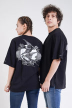 Kuş Desen Baskılı Oversize T-Shirt - Siyah