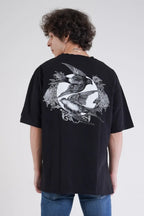 Kuş Desen Baskılı Oversize T-Shirt - Siyah