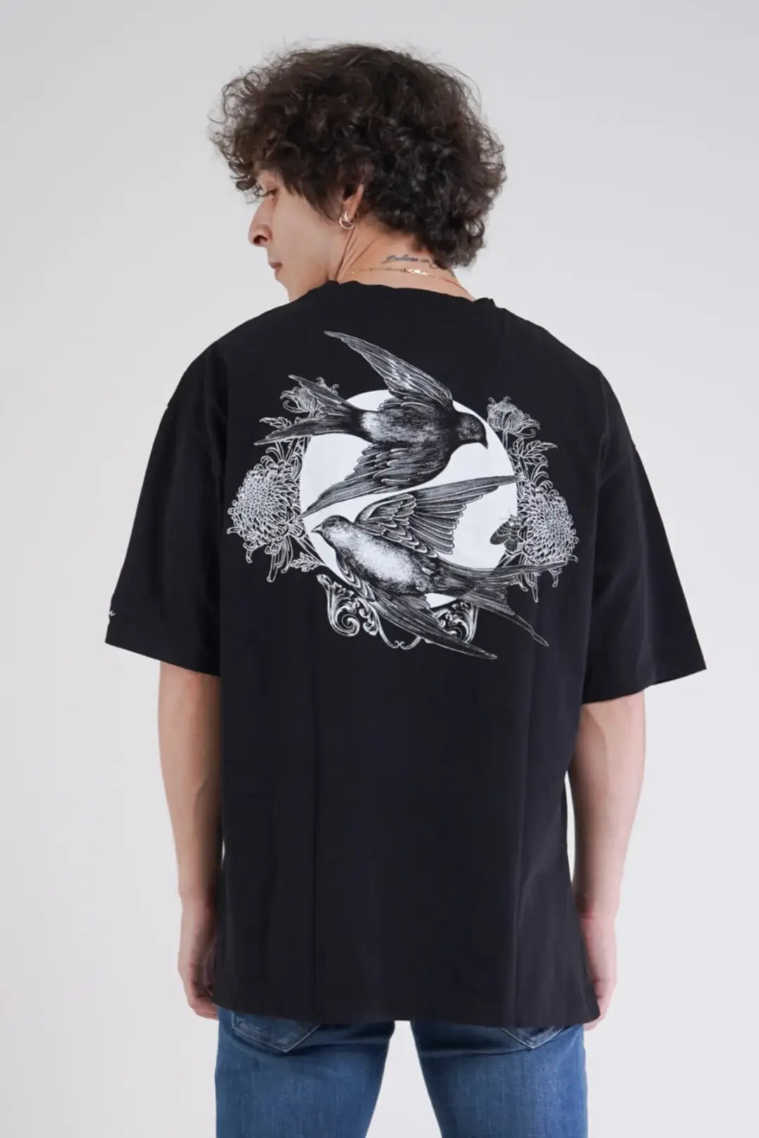 Kuş Desen Baskılı Oversize T-Shirt - Siyah