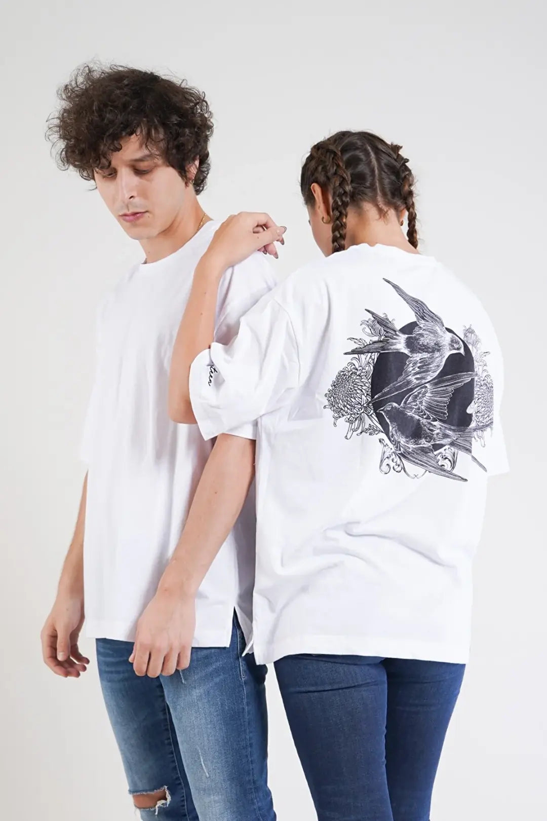 Kuş Desen Baskılı Oversize T-Shirt - Beyaz