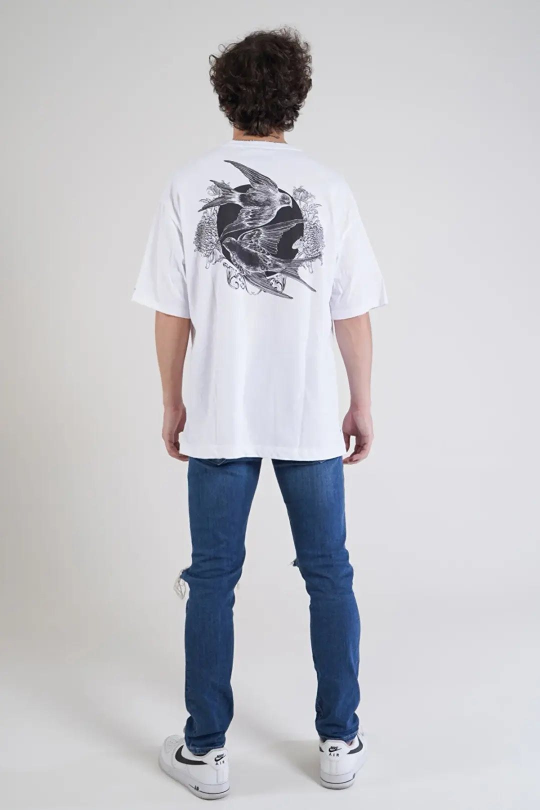 Kuş Desen Baskılı Oversize T-Shirt - Beyaz