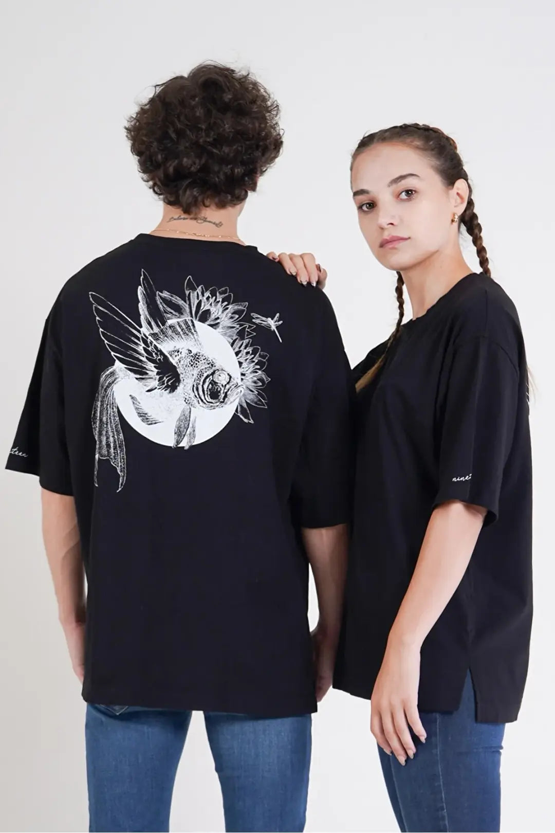 Balık Desen Baskılı Oversize T-Shirt - Siyah