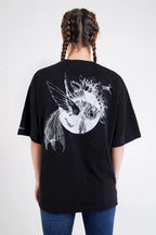 Balık Desen Baskılı Oversize T-Shirt - Siyah