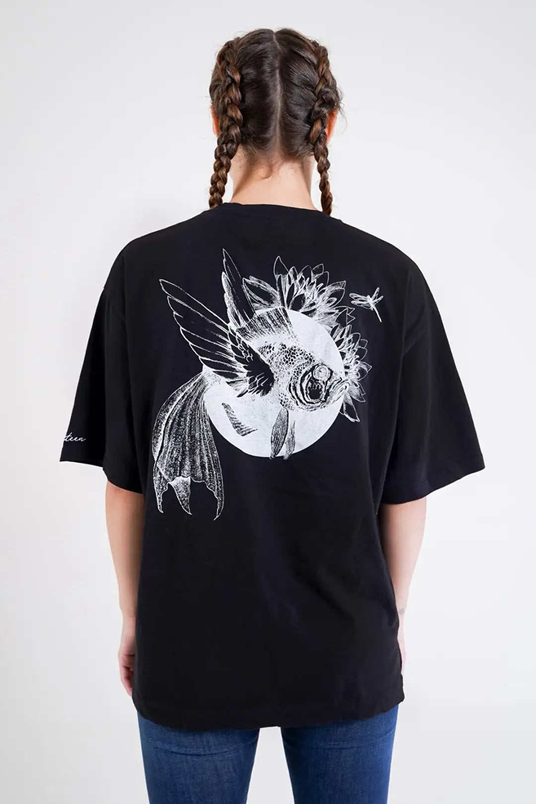 Balık Desen Baskılı Oversize T-Shirt - Siyah