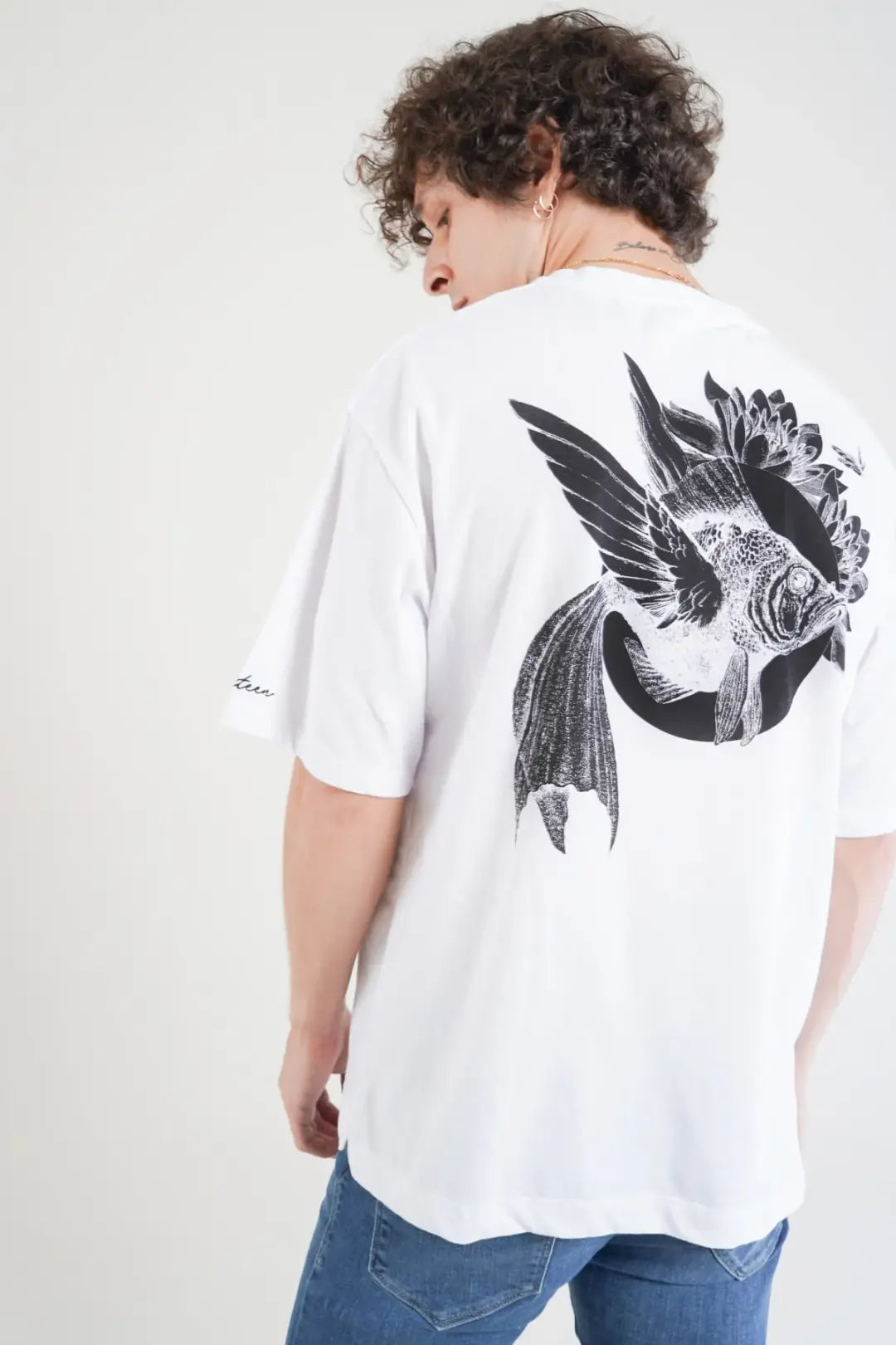 Balık Desen Baskılı Oversize T-Shirt - Beyaz