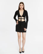 Serena Viskon Pencere Cut-Out Dekolteli Uzun Kollu Mini Elbise - Siyah