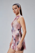 Desenli Tül Mini Elbise - Pembe