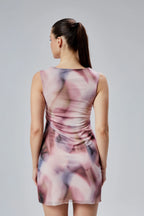 Desenli Tül Mini Elbise - Pembe