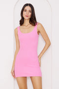 Sırt Dekolteli Kalın Askılı Mini Ribana Elbise - Pembe