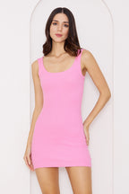 Sırt Dekolteli Kalın Askılı Mini Ribana Elbise - Pembe