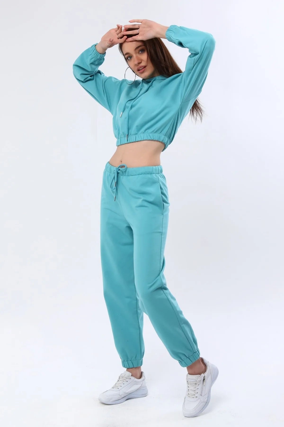 Kapüşonlu Crop Sweatshirt & Jogger Eşofman Altı Takım - Mavi