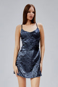 Velora Jakarlı Saten Sırt Dekolteli Mini Elbise - Gece Mavisi