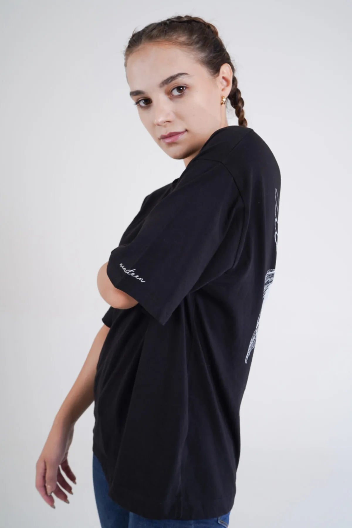 Kuş Desen Baskılı Oversize T-Shirt - Siyah